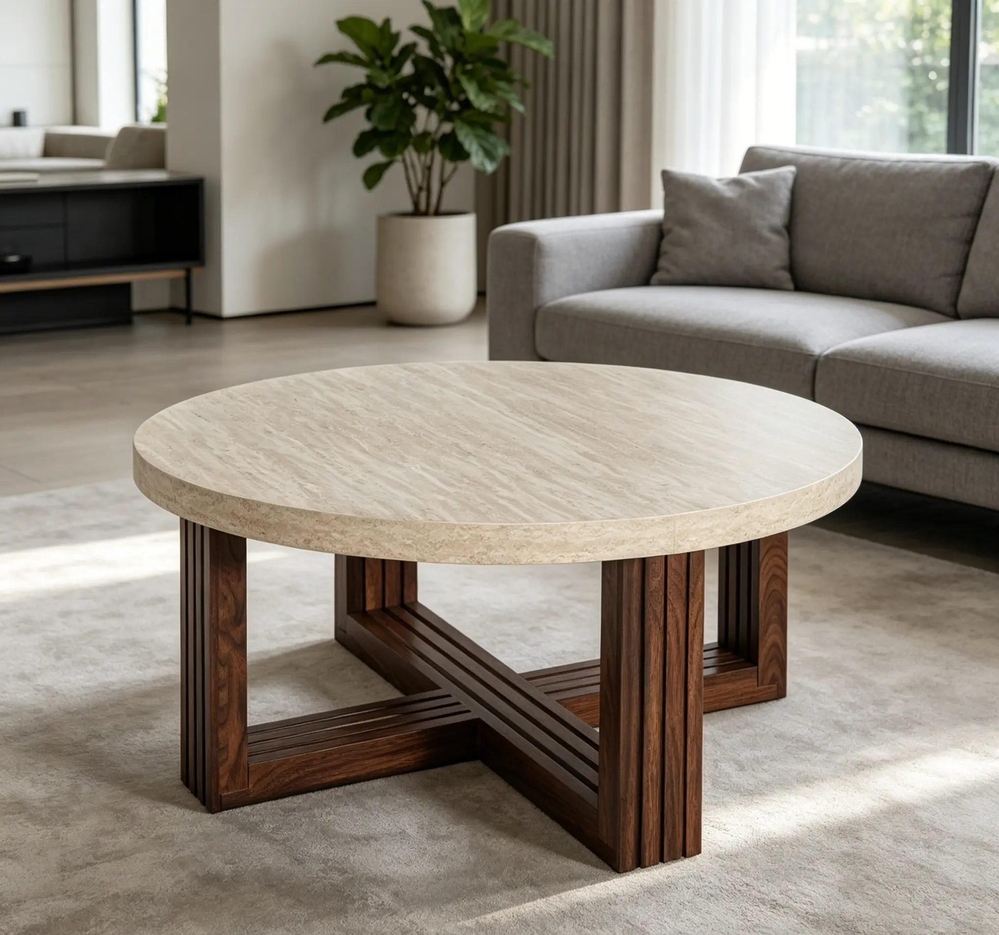 Modern Round Coffee Table - 31.5 in Marble-Pattern Top, Cross Brown Natural Wood Grain Base, Living Room Center Table