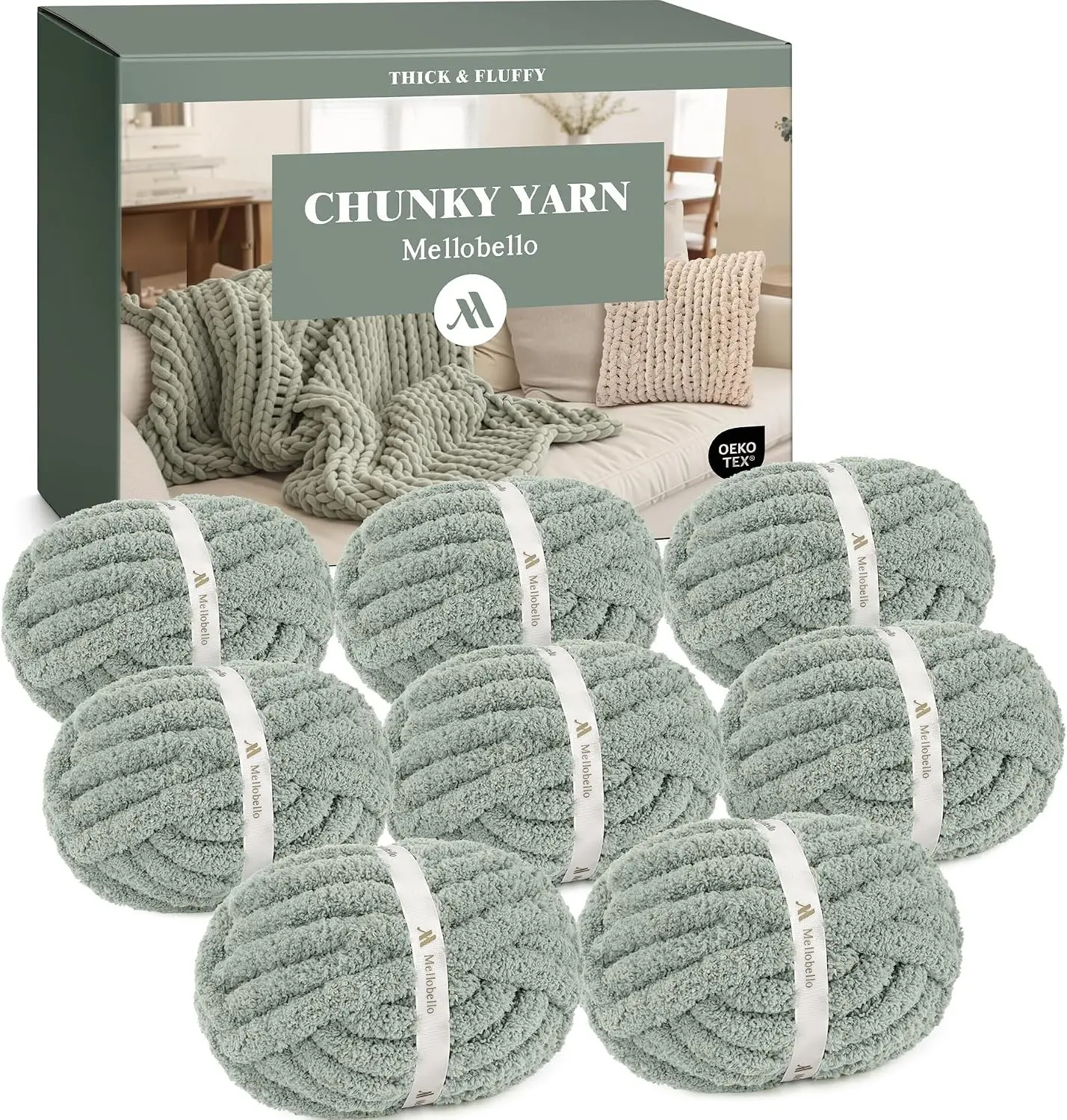 Mellobello Jumbo Chunky Yarn for Hand Knitting - Super Thick Chenille Chunky Yarn for Crocheting - Extra Soft Bulky Fluffy Blanket Big Yarn 8 Jumbo Pack (27yds,8 oz Each Skein) Sage Green Gift