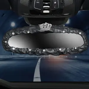 Shiny Rhinestone Crown, PU Leather Rearview Mirror Cover, Interior Decoration for Women, Girly Car Accessories, Auto Parts and Decor