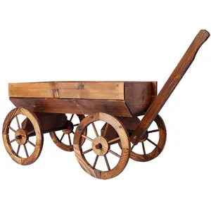 Wood Wagon Flower Planter with Wheels – Solid Fir Wood, Burn Finish. Spacious Barrel Planter. Easy Mobility – Long Handle + 4 Wheels. Perfect for Garden or Patio