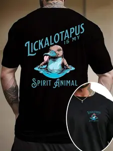 Men's Cartoon Lickalotapus Print Round Neck Tee, Regular Fit Casual Short Sleeve T-shirt, Men's Summer Top for Daily Wear, Tropical, Casual Style Tee