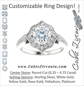 Cubic Zirconia Engagement Ring- The Faida (Customizable Cathedral-set Round Cut Design with Halo and Milgrained Pavé Band)