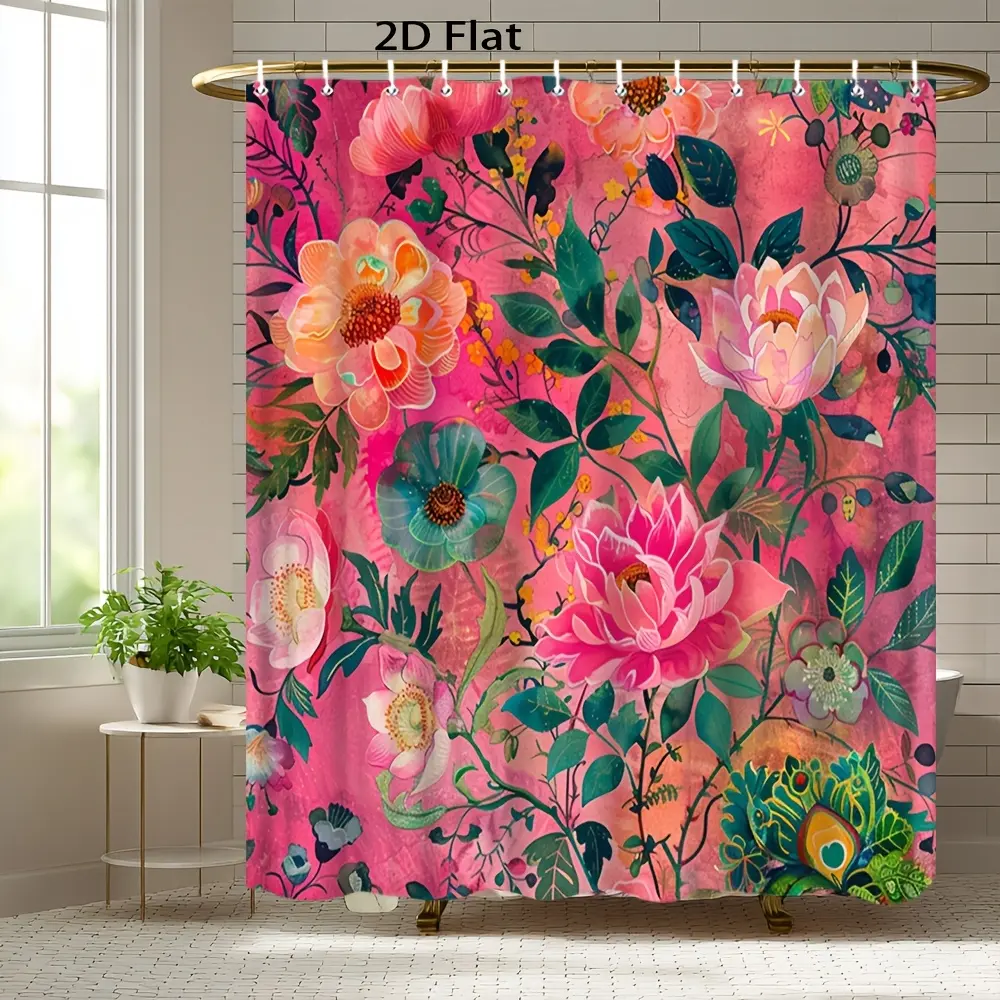 Retro colored floral forest decorative shower curtain design, Flowers, polyester fabric, windows and walls, bathtub, Bathroom decoration accessories, equipped with 12 hooks