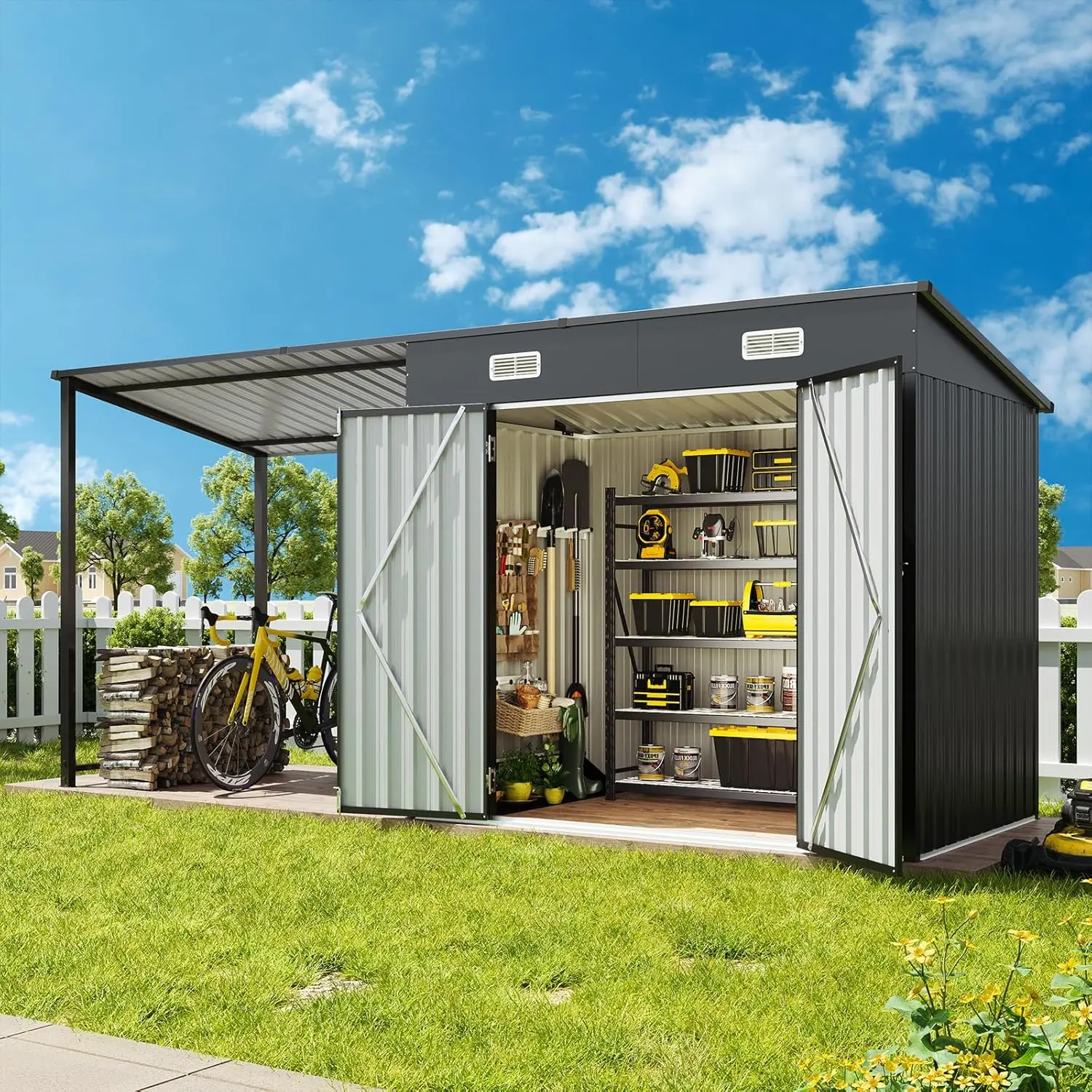 Aoxun 2-in-1 Metal Outdoor Storage Shed & Hardtop Gazebo, 6x4 Lockable Tool Shed with 12x4 Pergola for Patio Backyard,outdoorfurnitureset