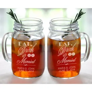 Eat Drink and Be Married Personalized Wedding Mason Jars Engraved Wedding Favor Idea Handle Mug Drinking Glasses Set of 2 Custom Glasses