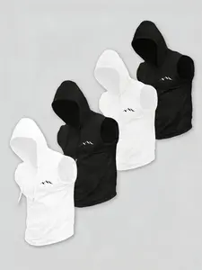 Men's 4-Piece Mountain Print Sleeveless Round Neck T-Shirt Set, Casual Comfortable Hooded Vest, Summer Outdoor Athletic Fitness Wear