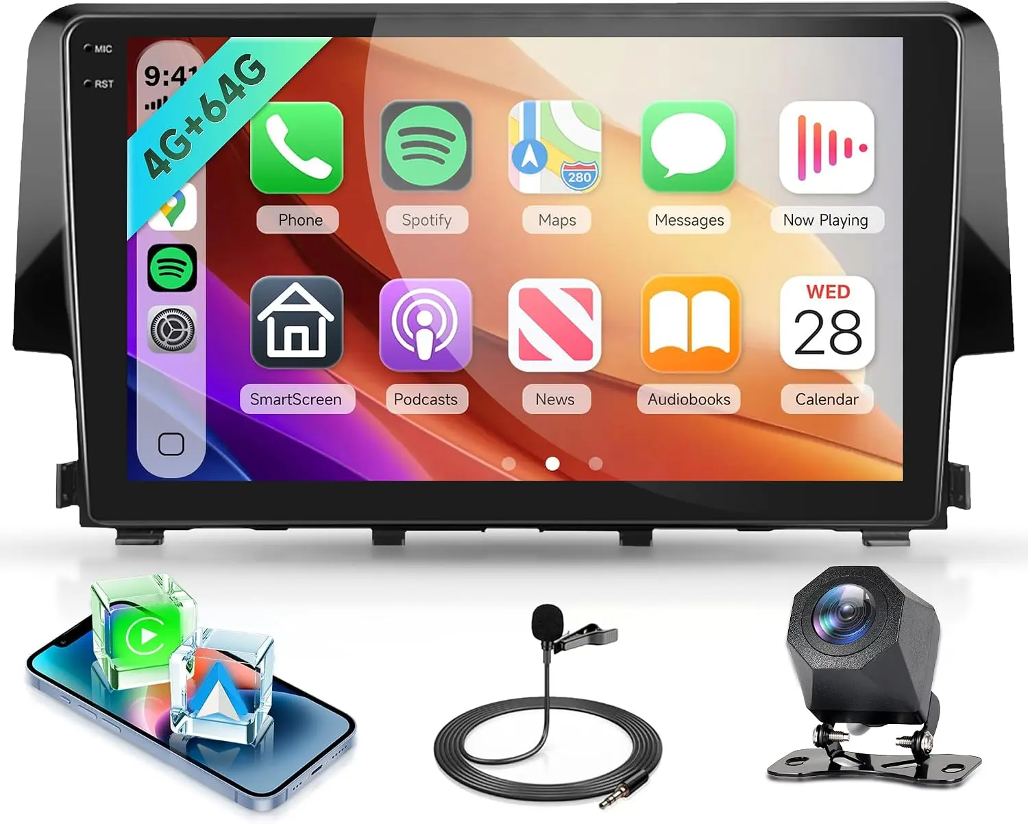 4G+64G Android Car Radio for Honda Civic 2016-2021 Wireless CarPlay Android Auto, 5G WiFi GPS, 9" Incell Touch Screen, Mirror Link, Backup Camera, Bluetooth FM/RDS/EQ/USB/SWC
