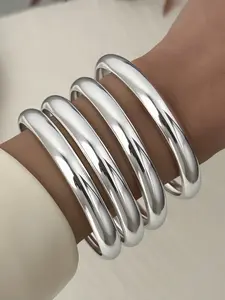 Women's Silver Color Circle Bangles Set, Vintage Elegant Simple Style, Metal Glossy Stackable Bracelets, Casual Party Wear, Elegant Minimalist Bangle, Fashion Bracelets