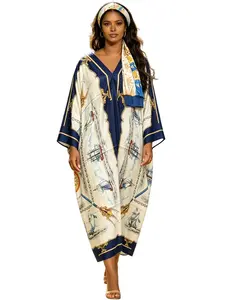 Moomoo Plus Size Nautical Sailboat Print Kaftan Caftan Dress, Women's V-Neck Loose Maxi Beach Cover Up, Lightweight Casual Loungewear for Summer Vacation, 4th of July, Memorial Day