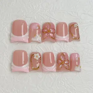 Romantic Sakura Pink Ombre Press-on Nails | Handmade 3D Gold-Trimmed Flower Nails | Elegant Pearl Floral Reusable Manicure Kit