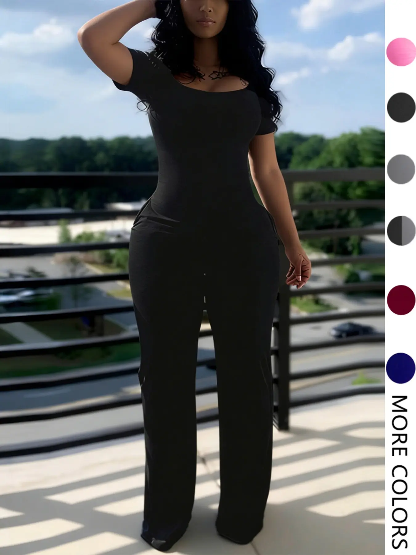 Women's Chic Minimalist Fitted Short-Sleeve Jumpsuit, Plain Low-Neck Design with Pockets, All-Season Casual Fashion Summer Wear