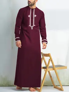 Muslim Men's Wine Round Neck Robe, Geometric Embroidered Collar, Ramadan Eid Traditional Festival Clothing, Casual Loose-Fitting, Thobe, Traditional Arabic Robe