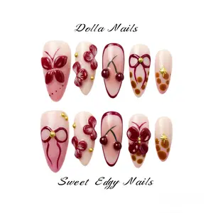 Dolla Nails 100% Handmade 3D Almond Press-On Nails with Pastel French Tip, Cherry & Butterfly Design, Cute Spring Sakura Nails, Baddie Y2K Vacation Nails, Reusable Fake Nails Salon-Quality Manicure for Daily Wear & Special Occasions