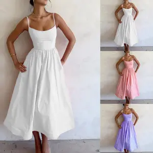 Dopamine New Sexy Spaghetti Strap Dress Solid Color High Waist Flared Dress Summer White Casual Classy
