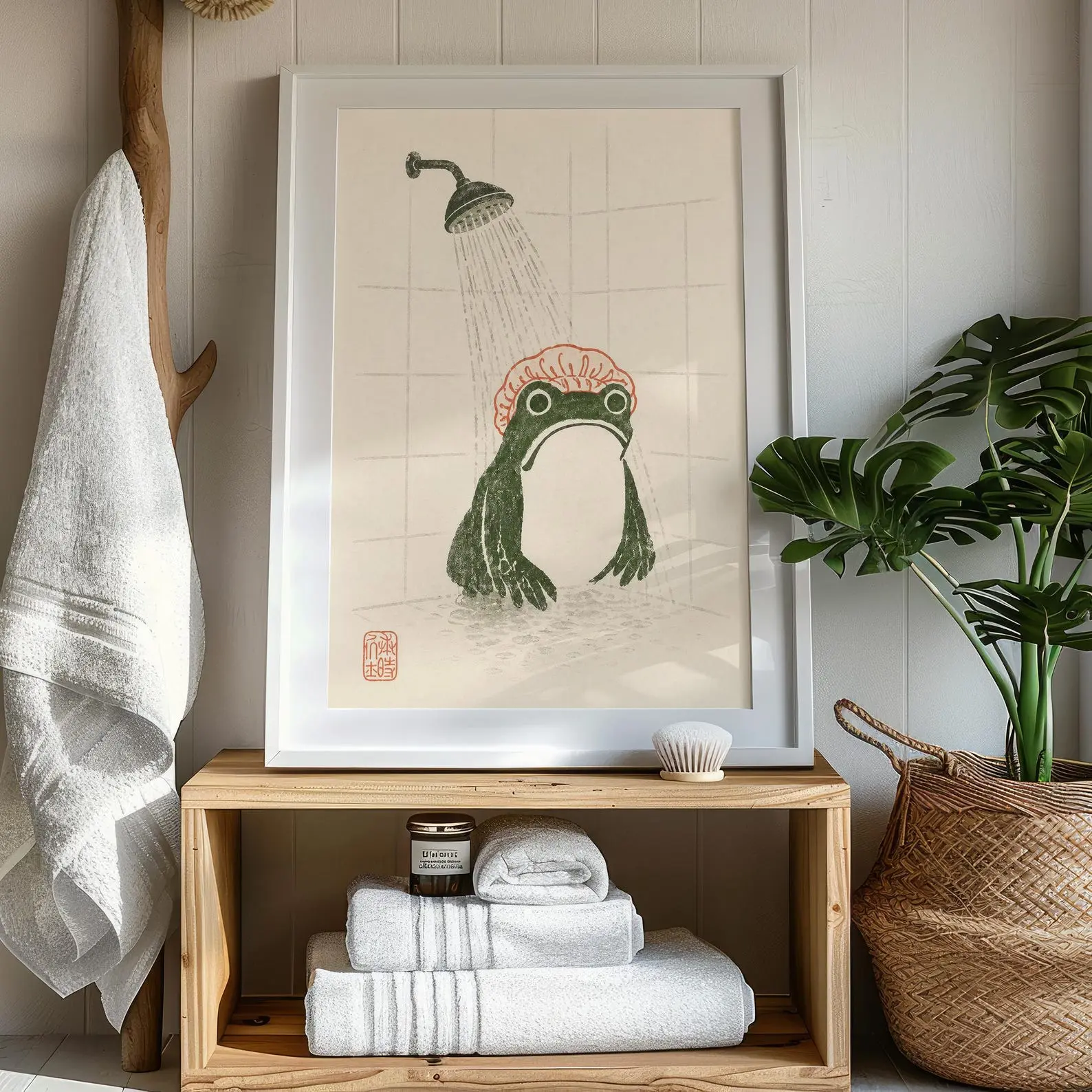 Funny Frog Shower Print, Vintage Japanese Style Frog Wall Art, Whimsical Bathroom Decor, Cottagecore Bathroom Poster [Unframed]
