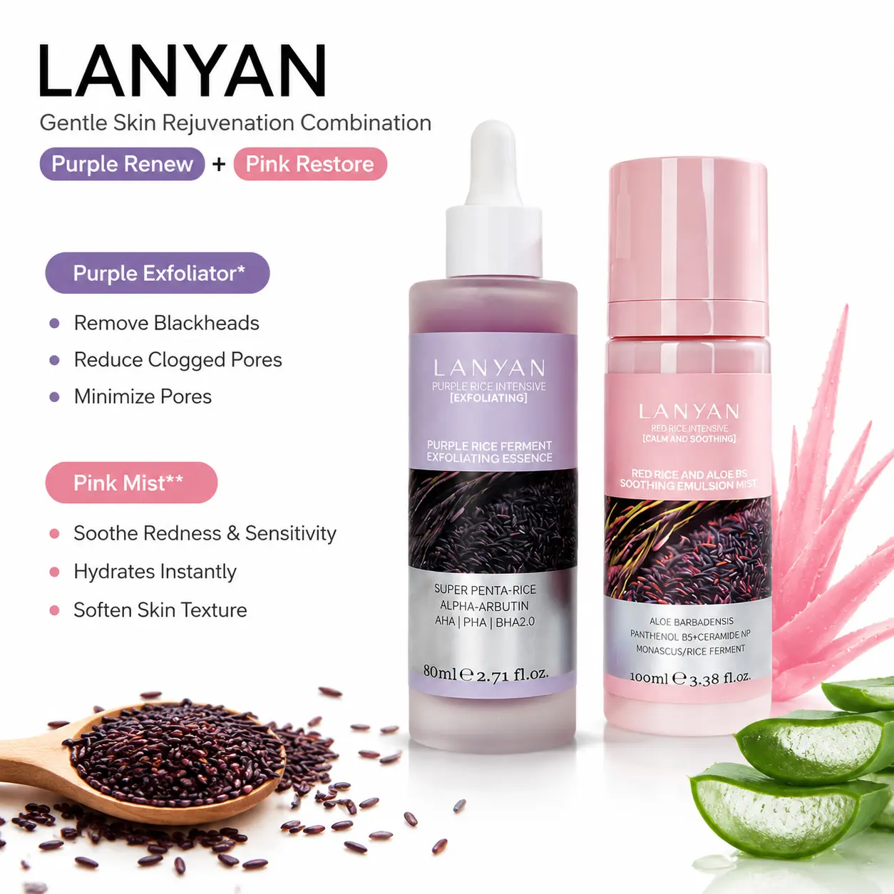 2-1 Kit Glass Skin Routine — Purple Rice Ferment Exfoliating Serum + Red Aloe Soothing Mist, Gentle Exfoliation & Deep Hydration Duo for Textured Skin, Blackheads, Pores, 28-Day Glow (100ML+80ML)