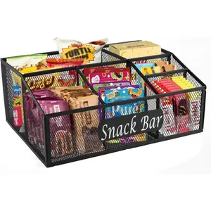 Snack Organizer for Pantry Shelf, Metal Snack Organizer Snack Basket, 6 Compartment Snack Bin Holder Chip Organizer, Snack Bar Station Organizer, Kitchen Pantry Organizer and Storage (Black)