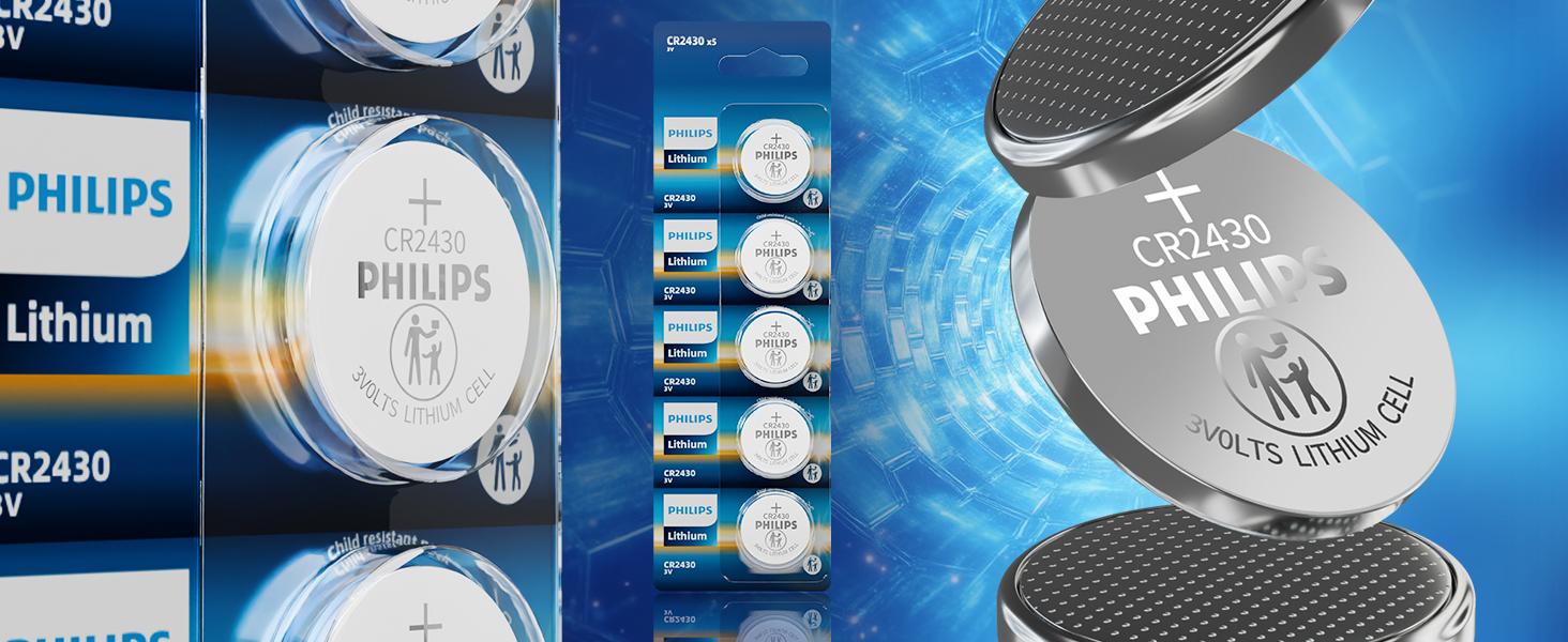 PHILIPS CR2430 3V Lithium Coin Battery (5-Pack) - CR2430 Battery for TPMS, Intelligent Door Lock, Key Remote Control, Medical Devices, Industrial Sensors