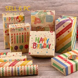 6 Sheets New Retro Birthday Theme Packaging Paper, 27.56*19.69in, with 394in Raffia Rope, Kraft Paper, Patterns Include Balloons Ribbons Candles, Birthday Gift Wrapping Paper