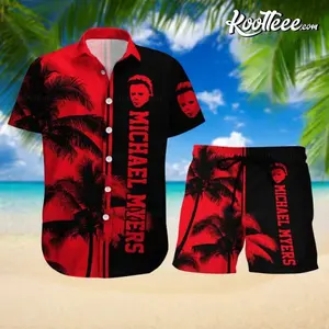 Michael Myers Horror Hawaiian Shirt Shorts Set Men Black Red Palm Tree Silhouette Halloween Beach Casual Summer Aloha Matching Outfit Loose Fit Fan Gift Streetwear Festival