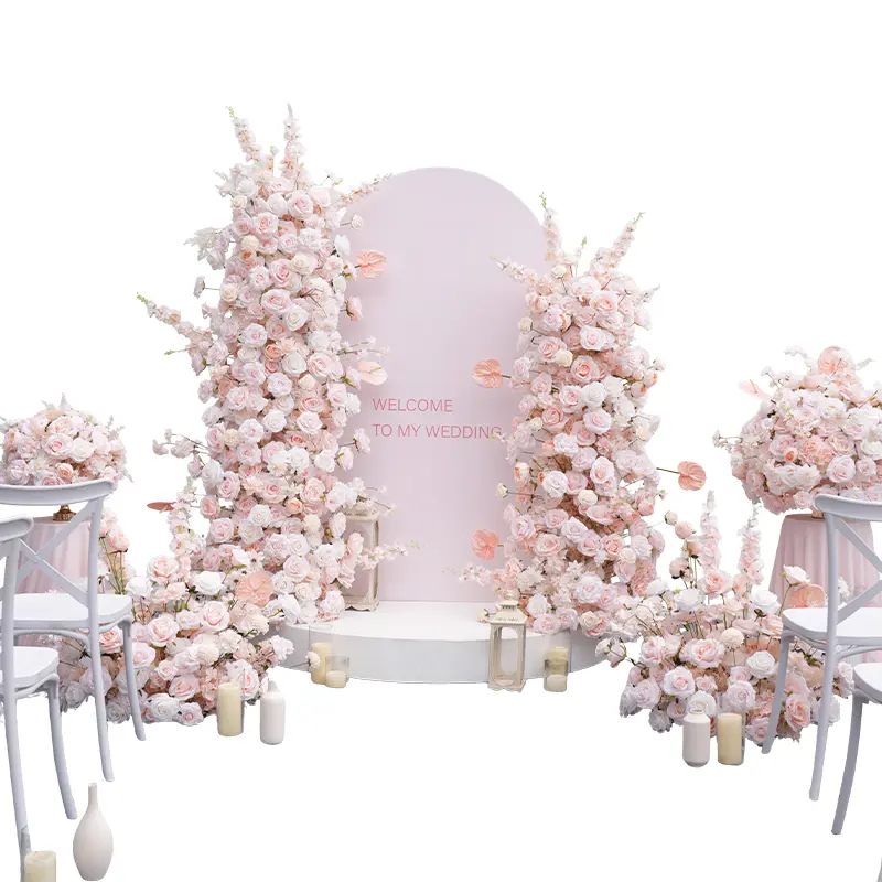 S-A9007 Handmade Silk Pink Rose Palm Flowers Foam Base Artificial Floral Row KT Board, Wedding Event Decor Props