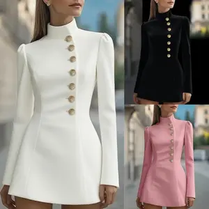 2025 autumn women's slim fit solid color short sleeved stand up collar single head chest pleated strapless backless dress, creating a fashionable look