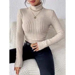 Women's Elegant Turtle Neck Slim Sweater, Long Sleeve Fall Winter Solid Color Knitwear Collar Fabric Tops Womenswear Chic Turtleneck Polyester Knitting