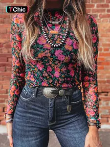 Spring & Fall Women's Rose Print Mesh Long Sleeve Stand Collar Fitted Top, Stylish and Comfortable Casual Wear, Perfect for Daily Use