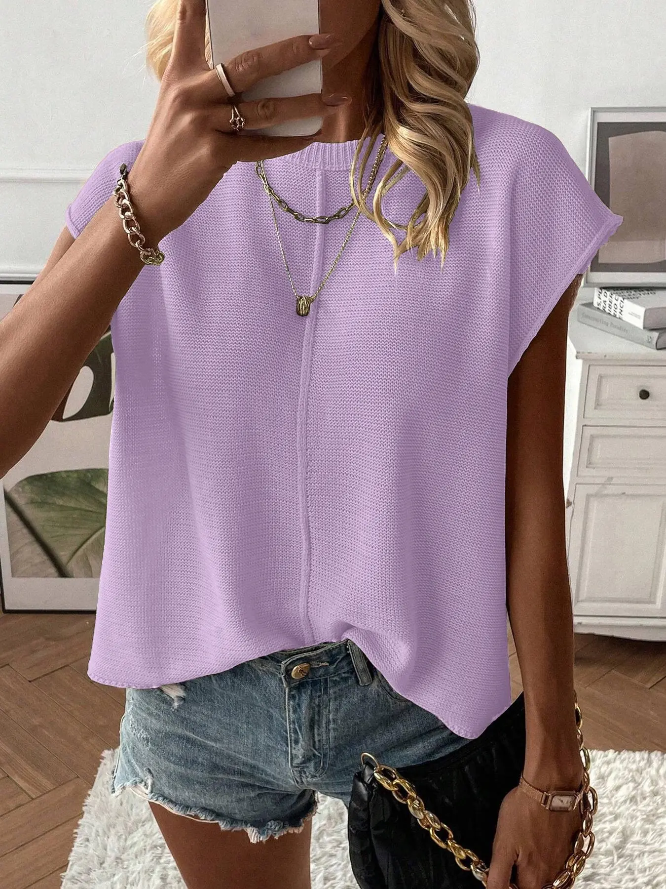 Women's Solid Color Sweater Vest, Casual Fashion Round Neck Knit Top for Summer, Fashion Women's Knitwear for Daily Wear