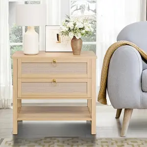 Nightstands Set of 2,  Rattan Night Stand Bedside Table with Drawers Storage Shelf, Narrow Bedside Table, Mid Century Modern Nightstand for Bedroom Living Room