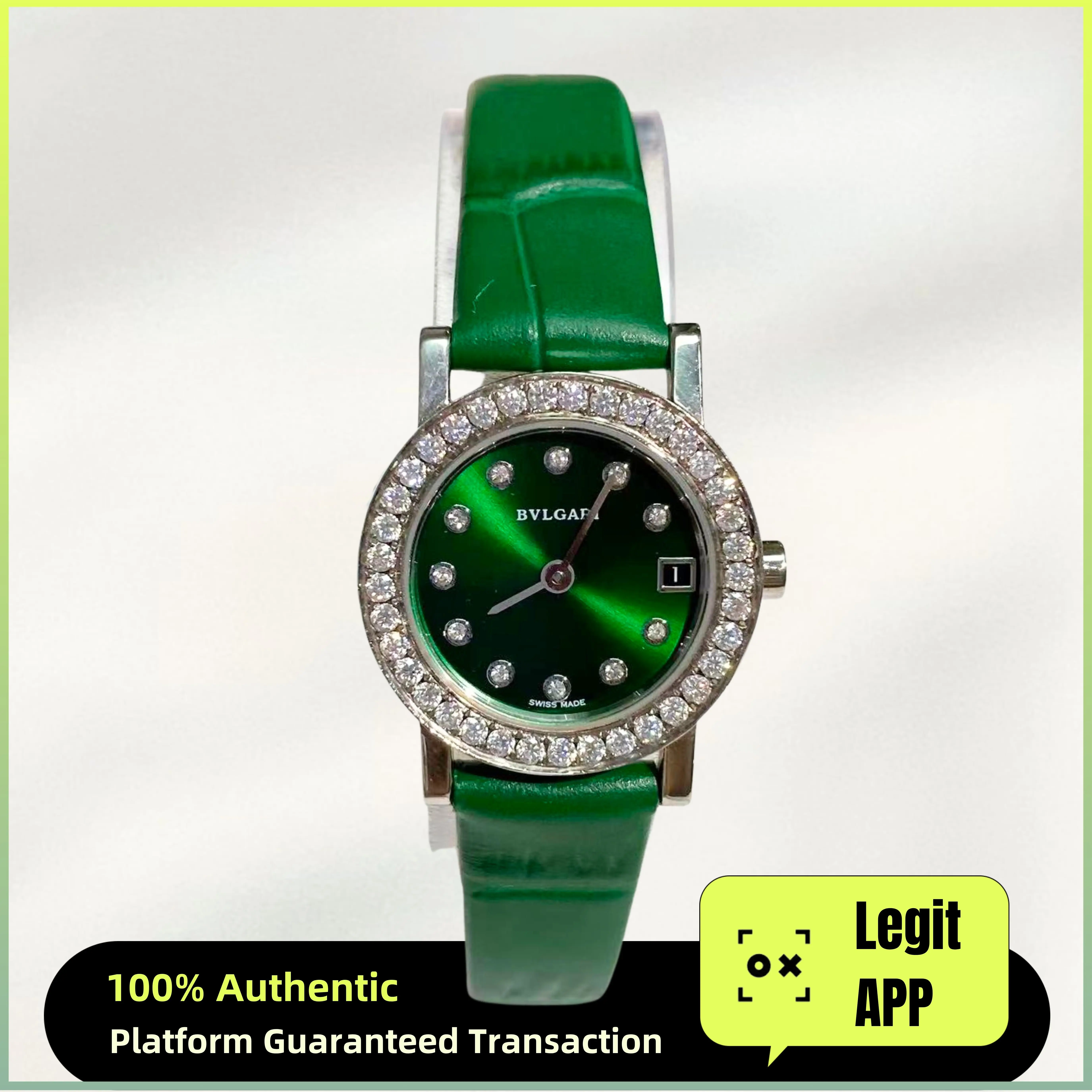 BVLGARI 23mm Stainless Steel Quartz Watch with Customized Green Dial and Aftermarket Diamond-Set Bezel 11912634