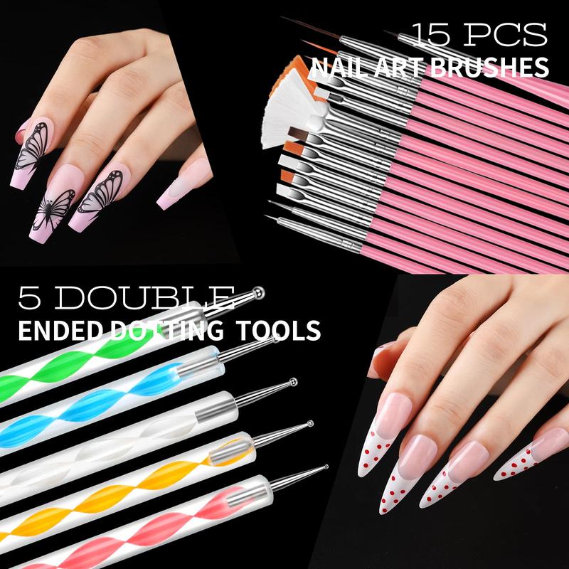 Nail Kit with Nail Charms and Nail Art Brushes Set, Nail Art Tools with 5 Boxes of 3D Nail Charms and Gems Rhinestones, 15 Pcs Nail Brushes, 5 Pcs Nail Dotting Tools, 2 Set of Nail Stand