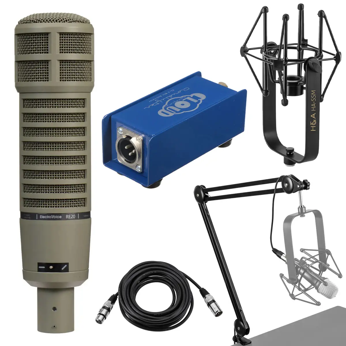 Electro-Voice RE20 Variable-D Dynamic Cardioid Mic - H&A Shock Mount, Cloud Cloudlifter CL-1 Activator, Broadcast Arm with XLR Cable