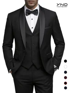 YND Men's 3-Piece Slim Fit Tuxedo Set, One-Button Shawl Collar Solid Jacket Vest Pants with Bow Tie，suitable for formal occasions, business events. party & casual events, wedding tuxedos, party performances, and men's three-piece party suits Black Matchin