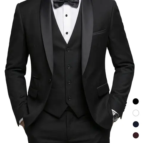 YND Men's 3-Piece Slim Fit Long Sleeve Tuxedo Set - 1-Button Shawl Collar Solid Jacket, Vest, Pants, Bow Tie - Formal Wear for Weddings