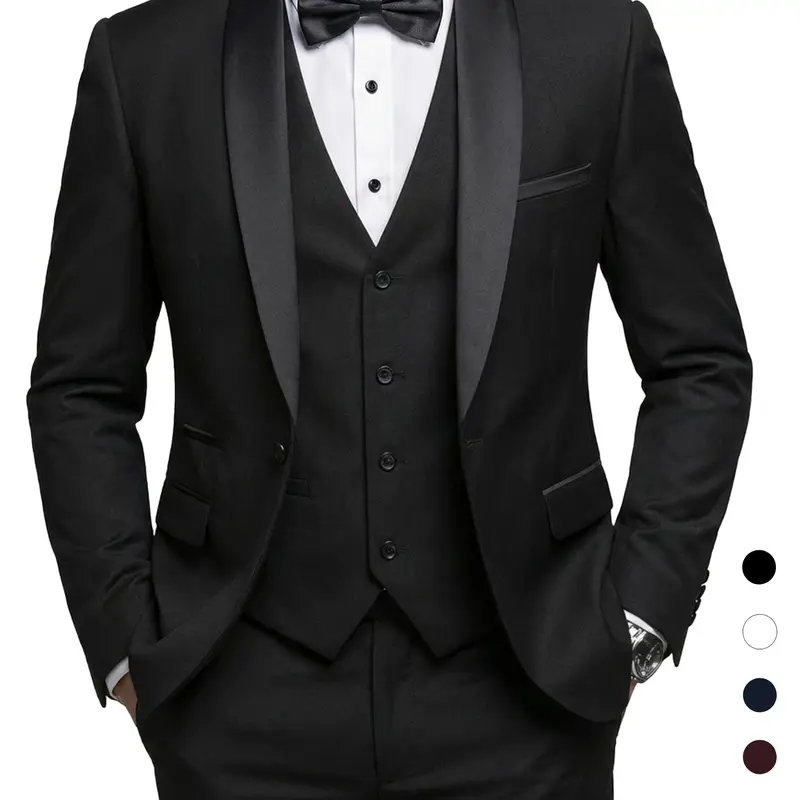 YND Men's 3-Piece Slim Fit Long Sleeve Tuxedo Set - 1-Button Shawl Collar Solid Jacket, Vest, Pants, Bow Tie - Formal Wear for Weddings