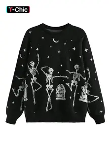 Halloween Skull Graphic Knit Silly Pullover Sweater, Vintage Fashion Colorblock Round Neck Jumper, Soft Comfortable Casual Wear, Knitwear Garment, Fall Winter Knitwear
