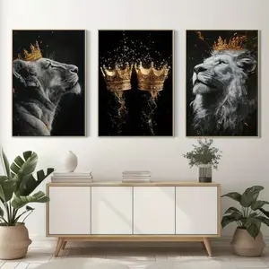 3pcs Frameless Gold Crown & Lion Canvas Wall Art Set, Modern Animal Paintings for Living Room Bedroom Home Decor, Unframed Painting