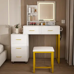 Makeup Vanity Desk Set with Upholstered Stool & Charging Station, Vanity Desk with Mirror and LED Lights, Vanity Table Set with Jewelry Storage & RGB Lights & 5 Drawers & Shelves, White & Gold