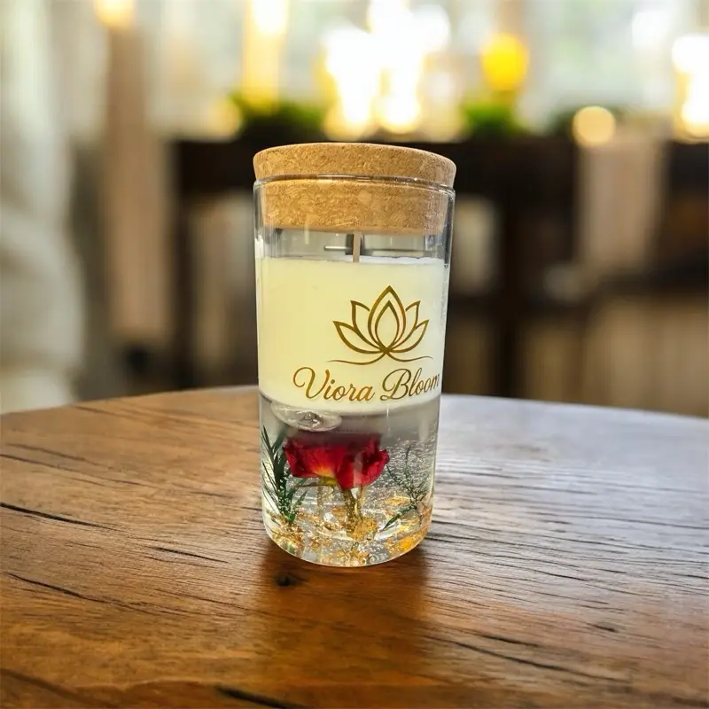 Viora Bloom Rose Blossom Candle – Handcrafted Gel & Soy Wax Candle with Real Dried Flowers and Cork Lid.