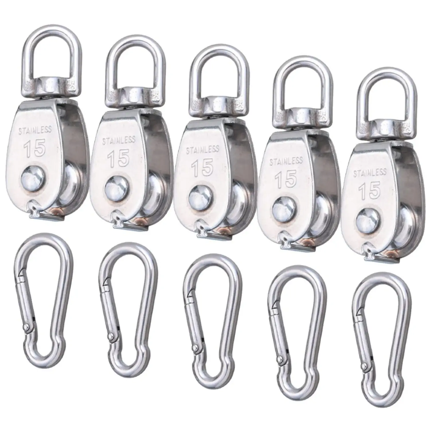 5Pcs M15 Single Pulley Block, 304 Stainless Steel Lifting Crane Pulley, Wire Rope Hanging Pulley Wheel, with 5 Pcs Spring Snap Hook - Home Improvement.