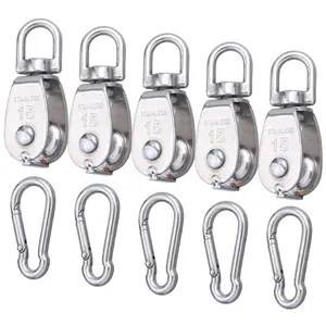 5Pcs M15 Single Pulley Block, 304 Stainless Steel Lifting Crane Pulley, Wire Rope Hanging Pulley Wheel, with 5 Pcs Spring Snap Hook - Home Improvement.