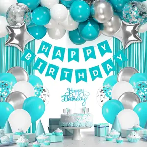 Teal and Silver Birthday Decoration Set with Balloons, Banner, and Fringe Curtain for Milestone Ages
