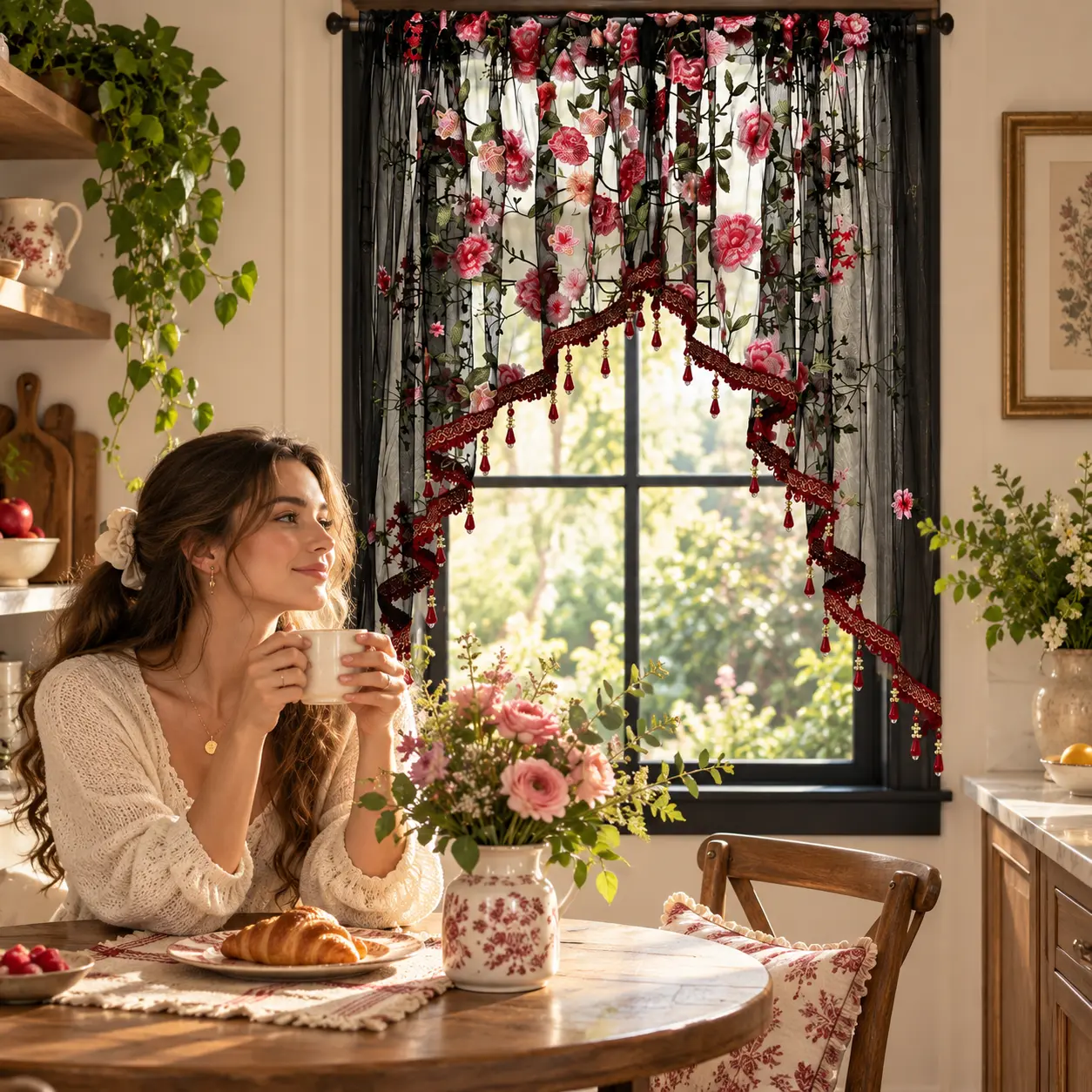 Vintage Rose Semi-Transparent Curtain Valance - Black Floral Embroidered, Beaded Fringe Window/Door Decor for Gothic Romance Vintage Home Decor & Home Interior Accents