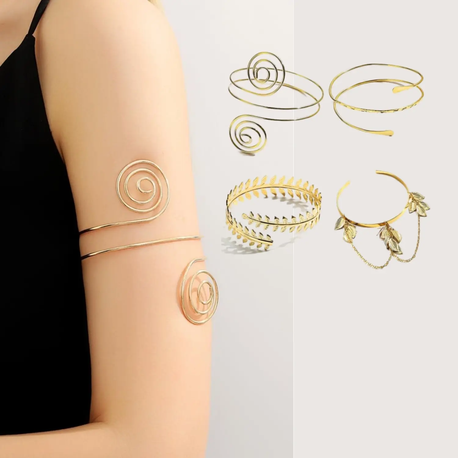 Women's 4-Piece Adjustable Gold Metal Open Upper Arm Bangle Set, Simple Luxury Jewelry Car Interior Decoration Accessories