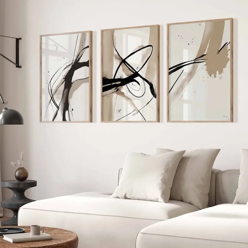 Modern Gallery Wall Art Set of 3 Poster Piece Wall Art Abstract Art Beige Prints Brush Strokes Art Contemporary Bedroom Décor, Vintage Poster, Décor