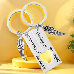Angel Wings Memorial Keychain Set-“Mommy of an Angel & Daddy of an Angel” Matching Remembrance Keychains, Sympathy Gift for Bereaved Parents