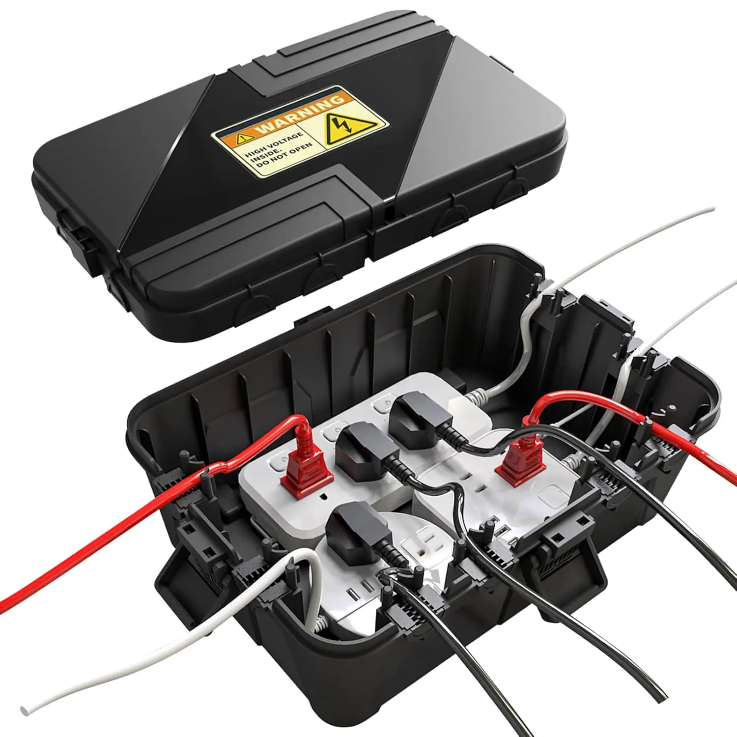 Waterproof Outdoor Electrical Box with Latch - 12.5x8.5x5" Reinforced PP Plastic Mountable Unit, IP54 Weatherproof Seal, Easy-to-Use, Extra-Large Interior, Keyholes, 8 Cable Entries, Black Power Strip Plug Protector for Outdoor Enthusiasts, Holiday Lights