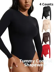 Women's Solid Round Neck Long Sleeve Basic Shapewear Bodysuit, Casual Comfy Fit Smooth Tummy Control Butt Lifting Shaper, Ladies Shapewear for All Seasons, Women's Seamless Shapewear