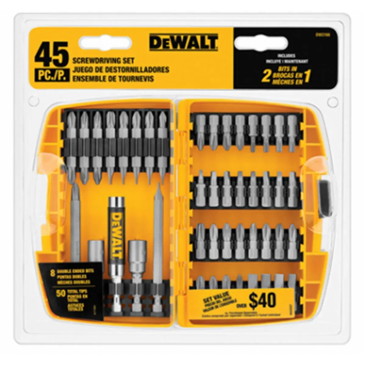 Dewalt DW2166 45-Piece Specialty Tip Screwdriver Set - Magnetic Drive, Torx Screws, Bit Retention System, SQ2, 1.28 lbs, 8.88x1.62x8.88 in, Hand Tool Accessory